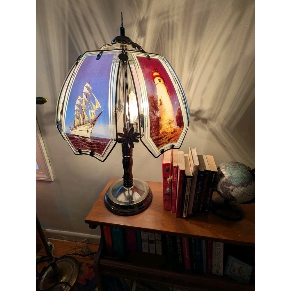 Vintage Ok Lighting Lamp Lighthouse Touch 3 Bulb Glass Panels Tiffany Style